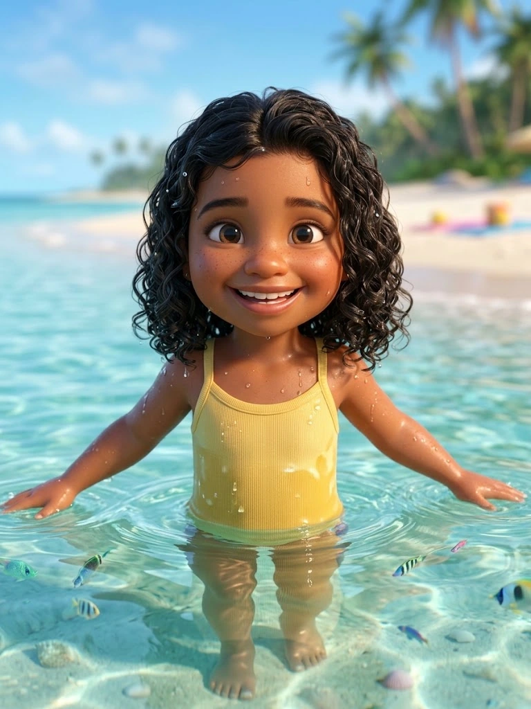 Eloá sorrindo nas águas claras do mar